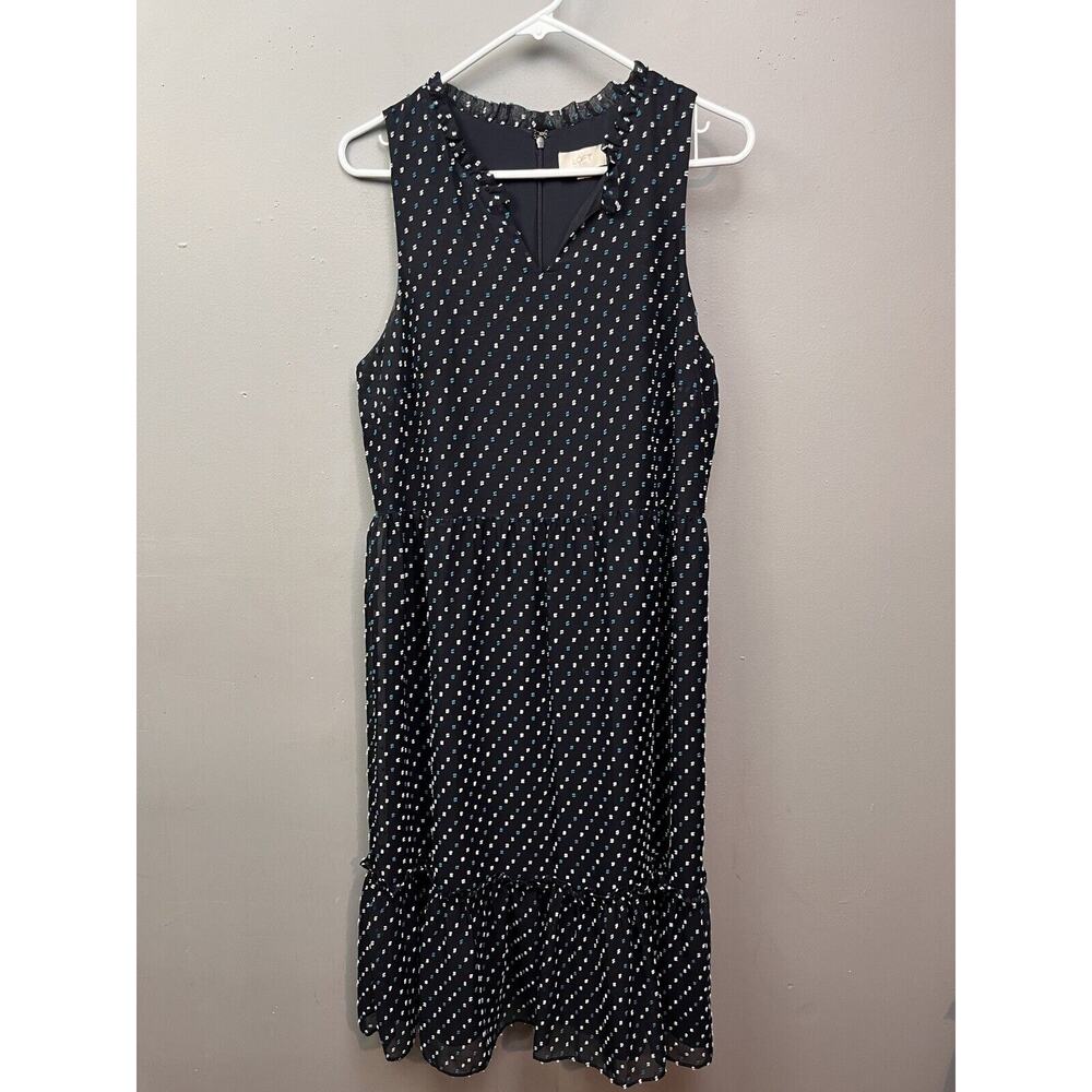 Loft‎ Dress Womens size 12 Chiffon Swiss Dot Ruffle Blue Polka Dot Career Church